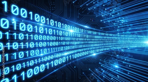 Futuristic digital data streams represented by glowing binary code in a vibrant blue color scheme.