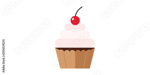 Fényképezés Single cupcake with pink frosting and red cherry sweet tooth frosting birthday c