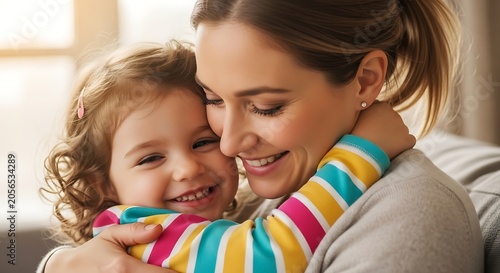 Smiling Young Mother Hugging Happy Little Daughter at Home