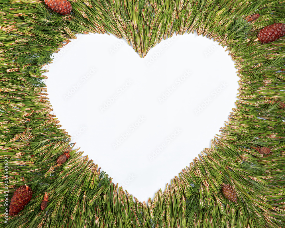 Fototapeta premium Heart-shaped frame of evergreen pine branches and pine cones on white background. Winter flat lay border with copy space. Concept of ecology, Christmas, New Year, Valentine's Day, cards, invitations.