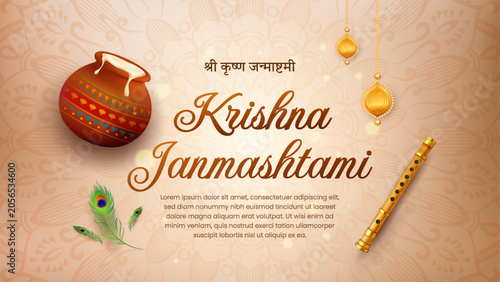 Canvas Print Krishna Janmashtami Hindu Festival Greeting Banner and Butter Pot