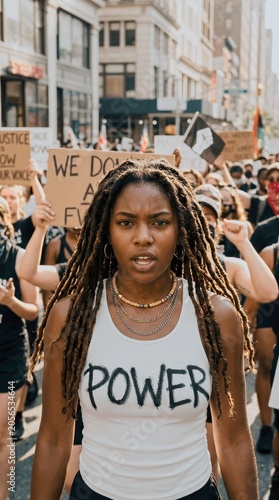 Protester with braided hair stands resolute during urban demonstration