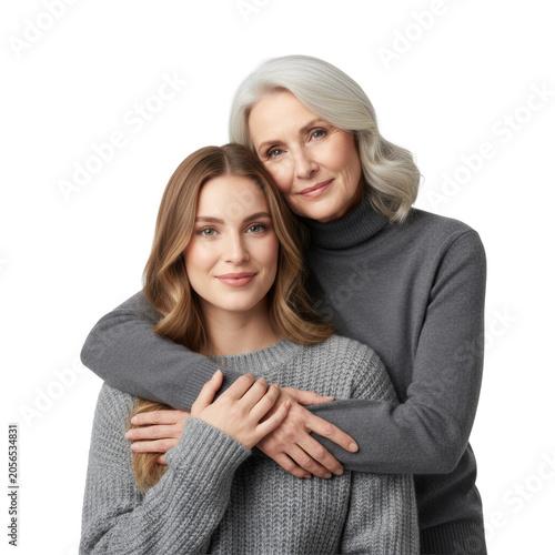 Young caucasian woman and senior silver haired woman in cozy knit sweaters embracing in a white studio with soft lighting concept of multi-generational love
