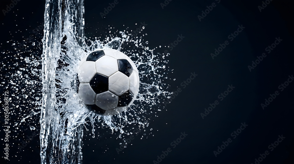 Fototapeta premium Soccer Ball Hitting Water Curtain with Splash on Black Background.