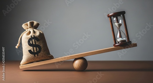 Burlap money bag with dollar sign and hourglass on wooden seesaw balance time