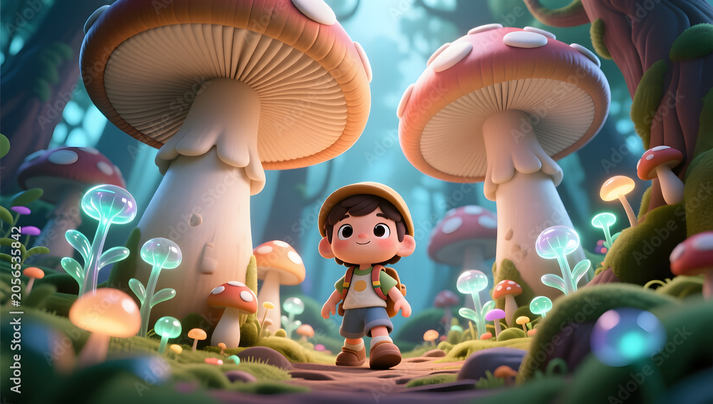 Children exploring the fantasy mushroom forest adventure