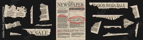 Torn newspaper note pieces set vintage texture jagged rip edge. Ripped page for collage news scrapbook bundle kit. Crumpled sheet dummy text template with red pen oval scribble underline.