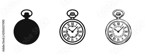 Fotografie Pocket Watch Icon Set - Vintage Timepiece in Solid, Outline, and Hand-Drawn Styl