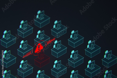 Photography Isometric illustration of office workstations with a red security warning alert on one computer, representing an insider threat or cybersecurity breach