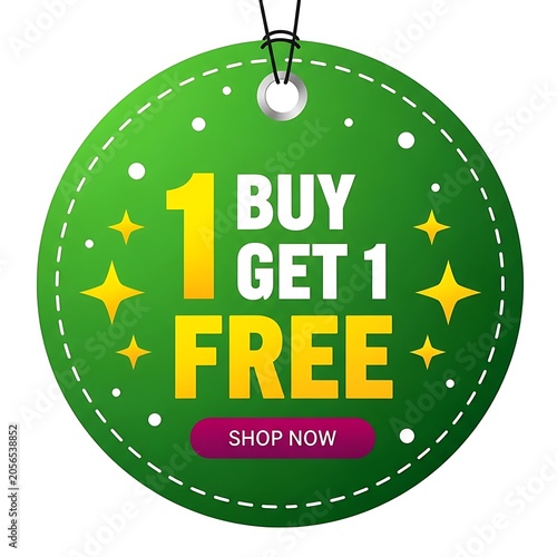 Vibrant green circular discount tag with buy one get one free offer isolated on white background