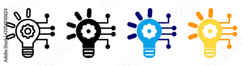 Technology icon set with a gear inside light bulb symbol used to denote innovation, creativity, and development.