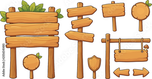 Set of wooden signboards and directional arrows for game UI design, isolated vector illustration on white background