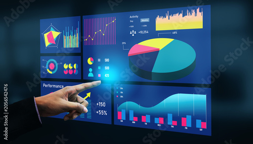 Bild auf Leinwand Engaging touchscreen interface showcases various business analytics, including graphs, charts, and performance metrics, aiding informed decision making