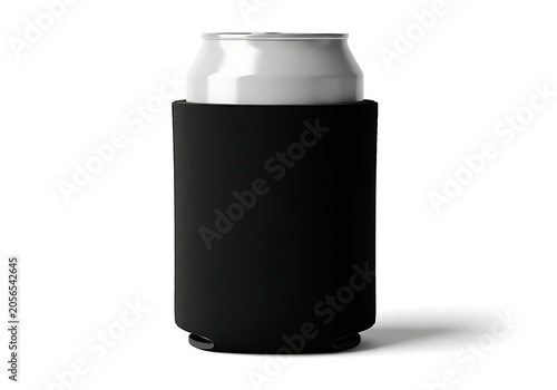 A black foam beer can cooler sleeve holding a cold metal soda aluminum drink can for branding and design mockups. koozie mockup