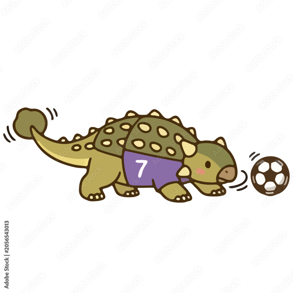 Fototapeta premium Cute transparent ankylosaurus soccer player character illustration, kawaii cartoon frilled dinosaur dribbling football purple jersey, vector mascot asset baby kids apparel stationery print design png