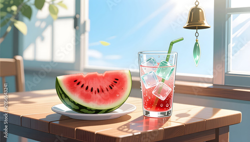 Refreshing watermelon and ice drink on a cozy afternoon of Summer Solstice