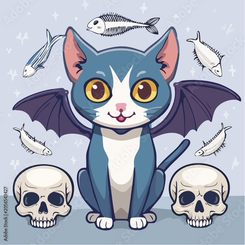 Cute Bat Cat with Fish Skeletons and Skulls