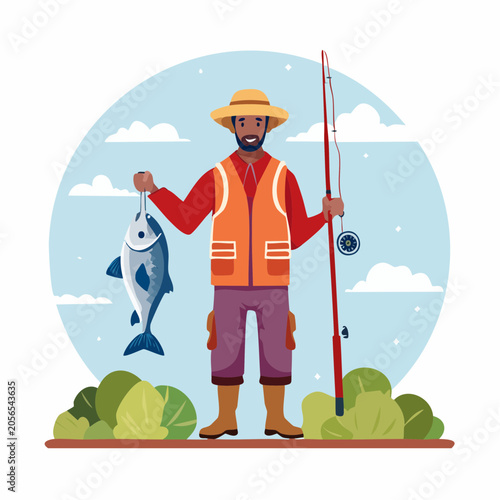 Fisherman Holding a Catch with Fishing Rod