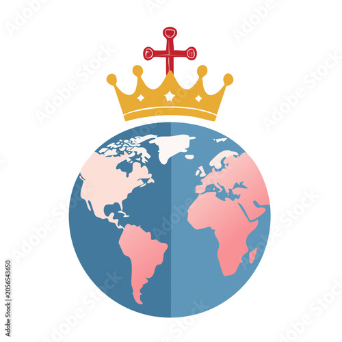 Flat design globe with crown and cross