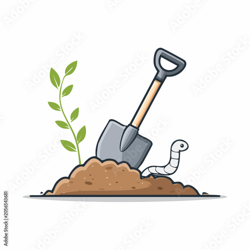 Gardening illustration with shovel, plant, and worm in soil