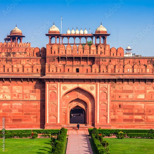 Majestic Red Sandstone Fort Entrance Standing in Historic Mughal Complex
