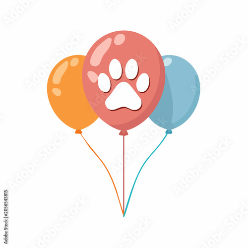Three colorful balloons with a paw print on one