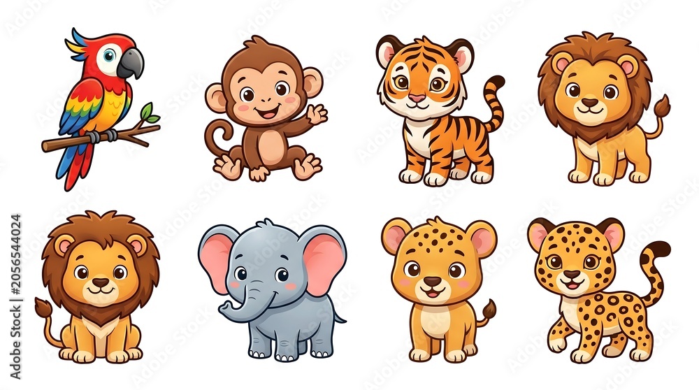 Obraz premium Cute collection of diverse wild jungle animals illustrated in a bright and friendly cartoon art style