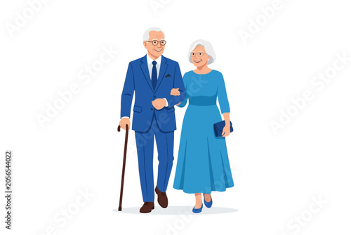 Elderly couple walking in formal blue attire vector illustration
