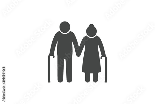 Elderly Couple Icon Holding Hands with Walking Sticks