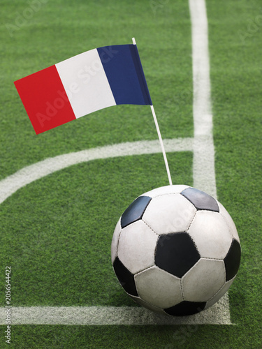 France flag corner kick with football on grass field, national team match, European football and sports tournament concept