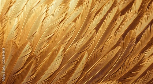 A close-up photograph showcases a dense layer of golden feathers. The feathers are arranged in a textured pattern, creating a rich, warm aesthetic.
