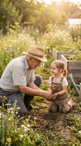 Grandfather Teaching Granddaughter Gardening in Backyard