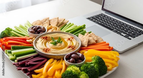 Vibrant vegetable platter with hummus dip.