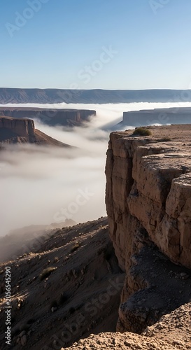 Misty canyon landscape with rugged cliffs.