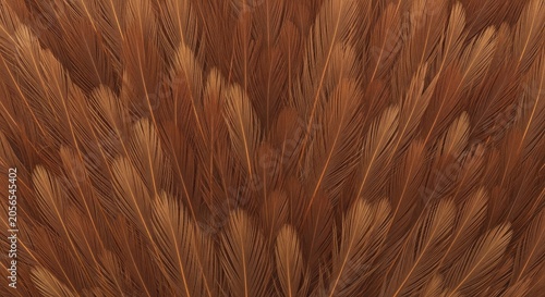 A dense collection of brown chicken feathers creates a textured, layered background. The feathers exhibit a rich, warm color palette, ranging from deep reddish-brown to lighter, golden hues.