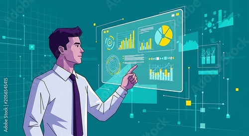 Businessman analyzing data on screen.