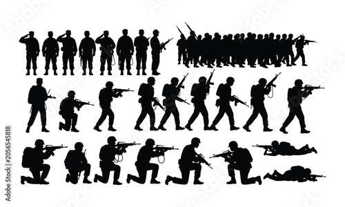 Soldiers in various positions silhouette military clip art set