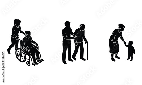 Elderly Care and Child Support Silhouette Icon Set
