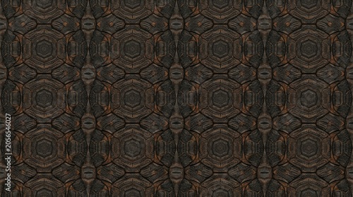 A complex, repeating geometric pattern dominates the image. The pattern features interlocking, hexagonal shapes arranged in a symmetrical, tessellated design.