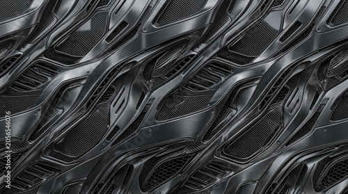 A close-up shot of a futuristic vehicle grille. The grille features a complex, geometric pattern of overlapping, metallic plates.