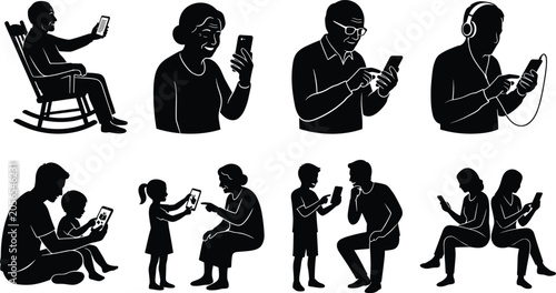 Bild auf Leinwand Multigenerational family and senior people silhouette vector bundle using smartp