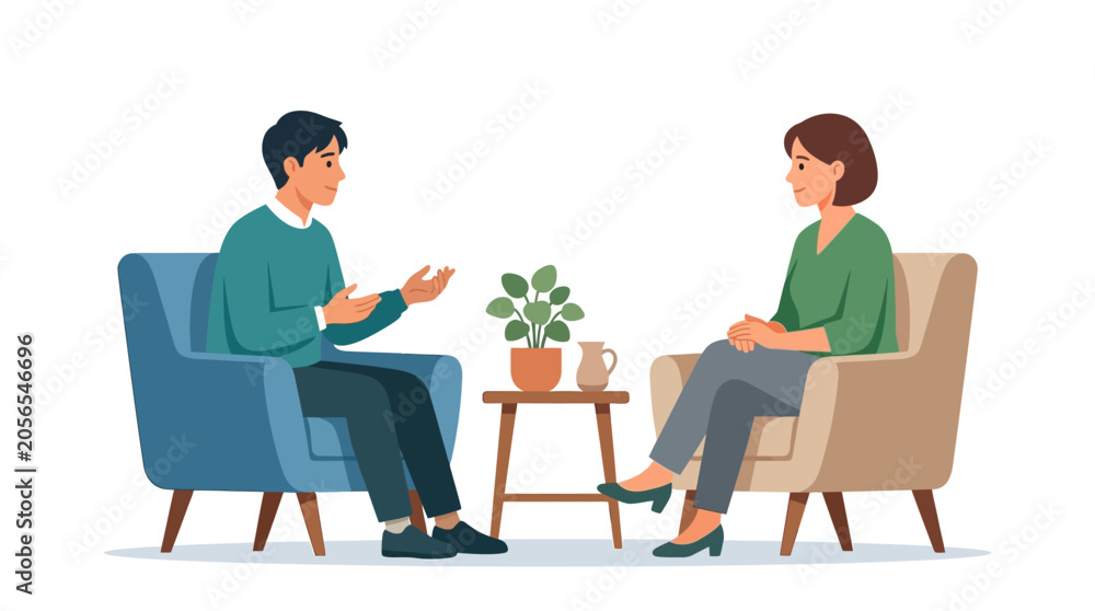 Obraz premium Modern flat vector illustration of a man and woman sitting in armchairs during a therapy session or consultation, with a side table and potted plant, isolated on a white background.