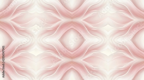 A symmetrical, abstract pattern displays a flowing, marbled design in shades of pale pink and cream. The design features repeating, curved shapes that create a sense of depth and movement.
