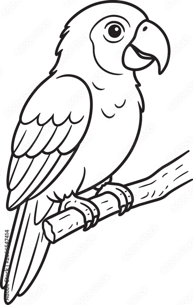 Obraz premium Black and white line of a cute parrot perched on a wooden branch, isolated on a white background, for coloring book pages