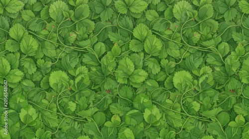 A dense, vibrant green background covered in a pattern of strawberry plants. The plants feature rounded, green leaves and delicate, winding vines.