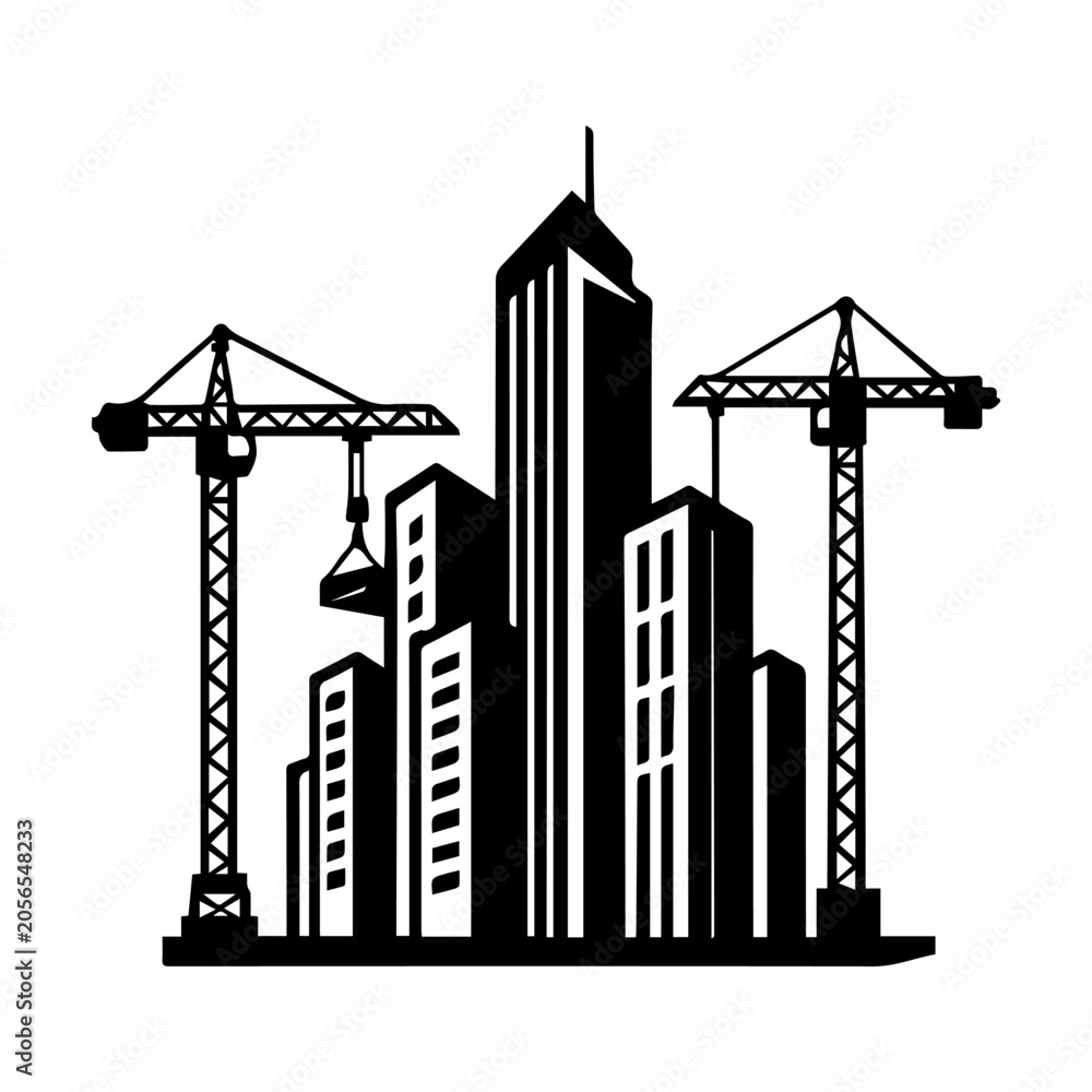 Fototapeta premium Modern Tower Crane Between City Buildings Construction Logo Vector