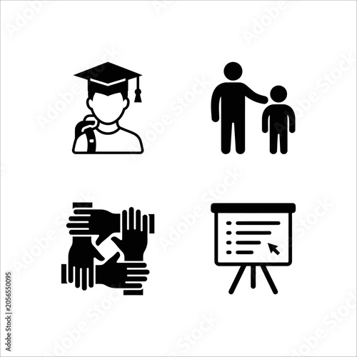 Education icons set with people in business office work computer success concept vector illustration symbols