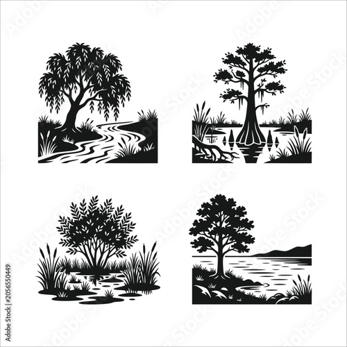 Collection of tropical tree silhouettes and vector illustrations featuring palm, pine, and oak trees in a natural beach landscape design