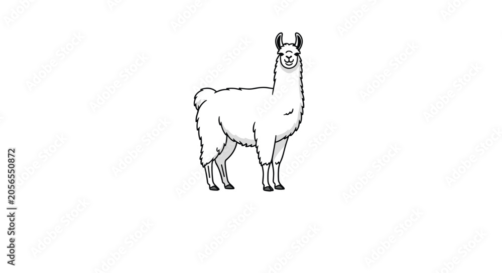 Naklejka premium Simple illustration of a single white llama standing with a friendly and cute expression on a clean white background for design use.