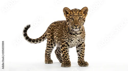Fototapeta na wymiar A majestic baby leopard with a long patterned tail stands proudly on a bright white studio floor.